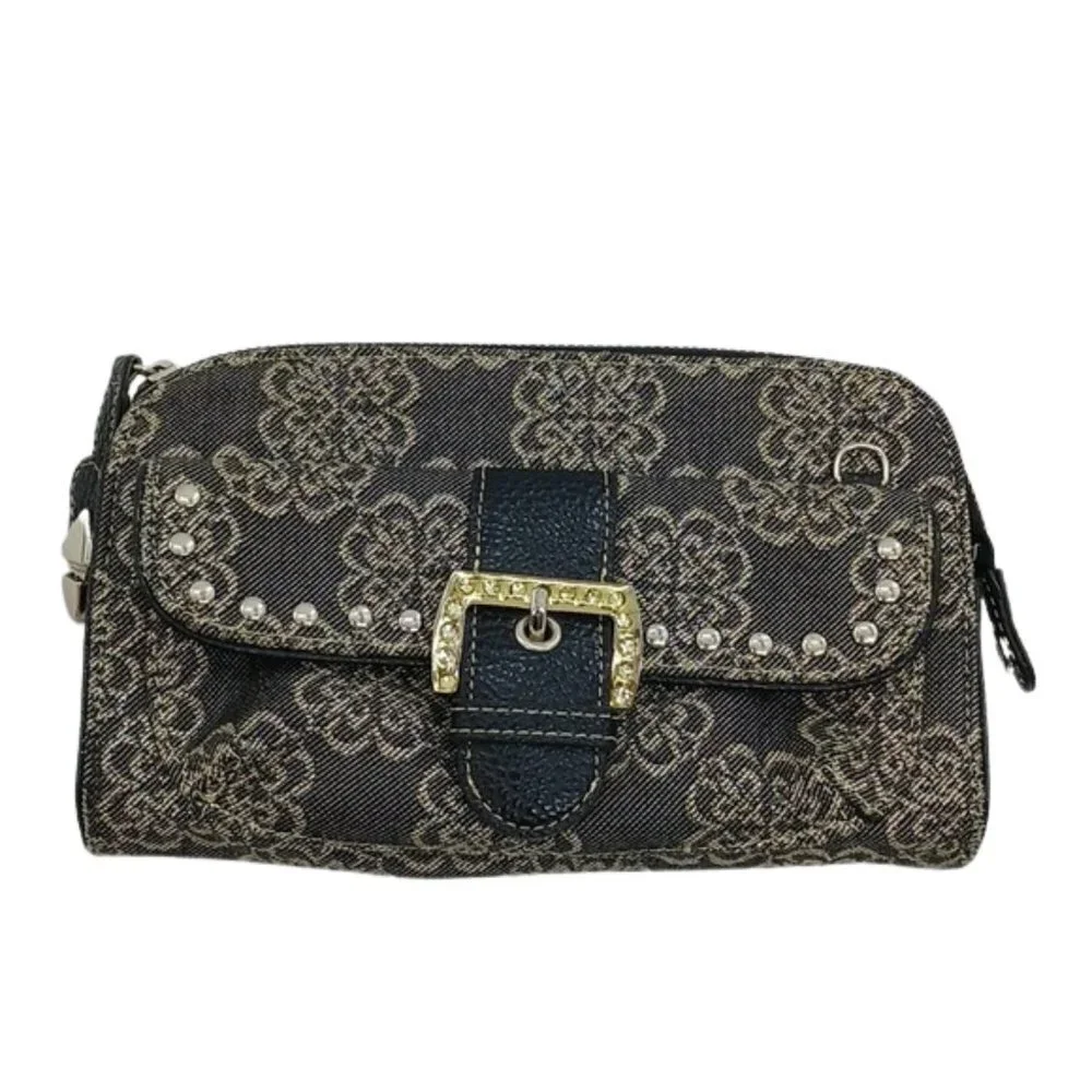 KATHY Van Zeeland Clutch Purse Gray Shimmer Studded Compartments Floral Bag